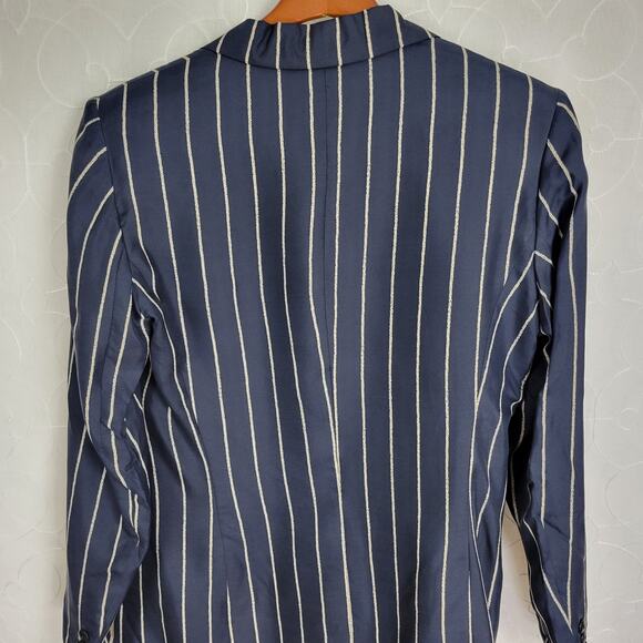 Vintage Avant‎ Garde Silk Jacket Womens 44 Navy Blue Pin Striped Italian Minimal - Picture 3 of 11
